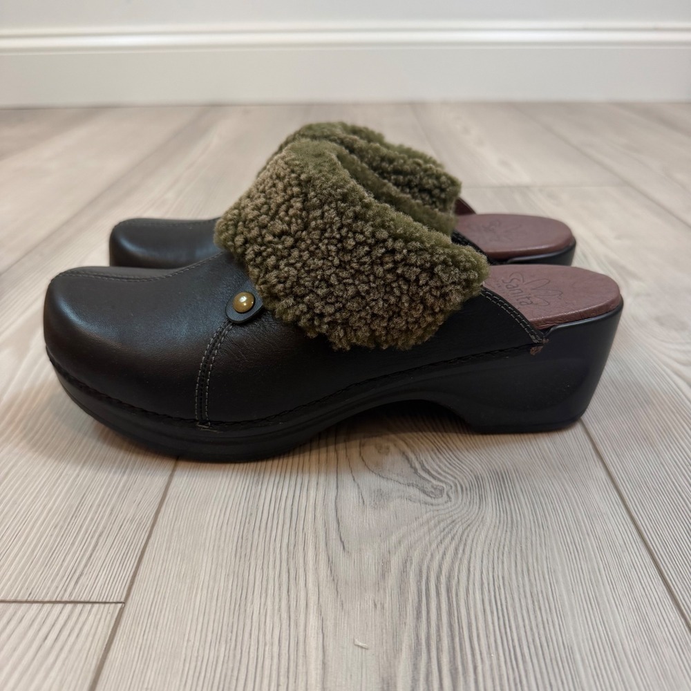 Sanita Brown Leather Clog Mules with Olive Shearling Cuff